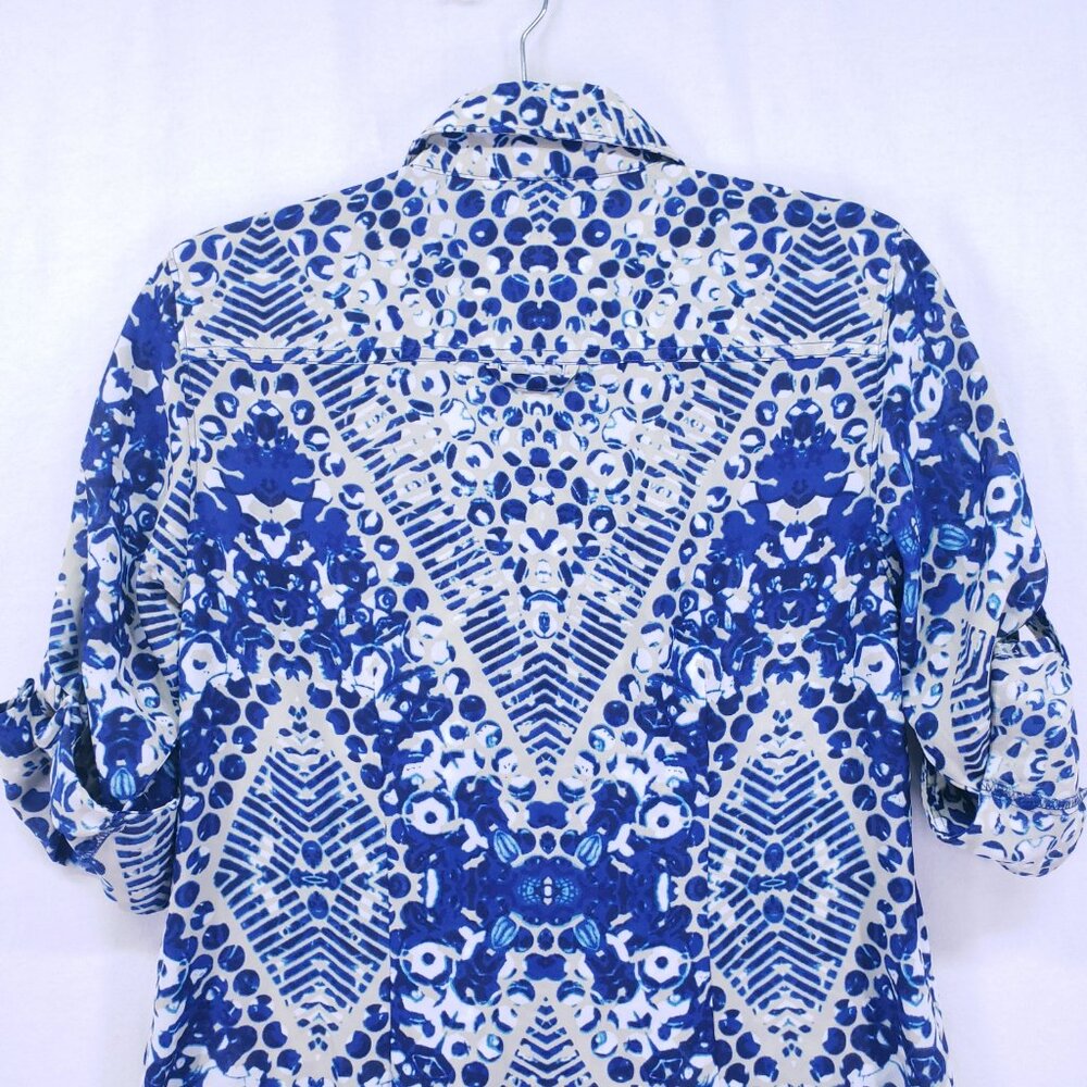 Cabi Blue & White Abstract Print Button Down Short Jewel Shirt Dress Size S - Picture 14 of 16